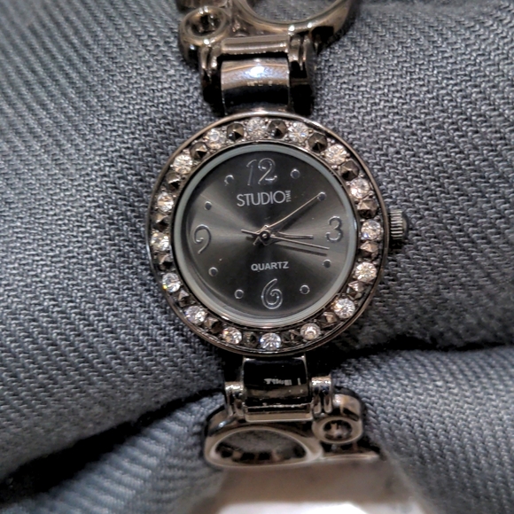 Studio Time Gun Metal Adjustable Cuff Watch with Rhinestone Embellishmen… - Picture 3 of 8